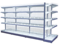 Wire mesh back panel shop shelving system